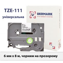 UKRMARK B-T111P, ламінована, 6мм х 8м, чорним на прозорому, сумісна з BROTHER TZe-111, стрічка для принтерів етикеток (TZe111) арт.CBTZ111