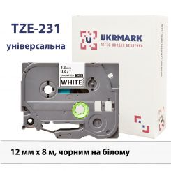 UKRMARK B-T231P, Ламінована, 12мм х 8м, чорним на білому, сумісна з BROTHER TZe-231, стрічка для принтерів етикеток (TZe231)