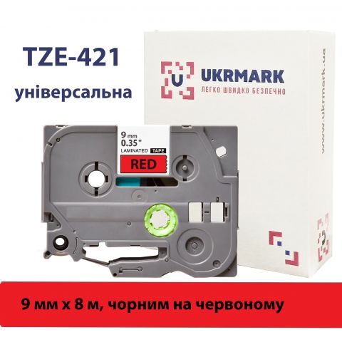 UKRMARK B-T421P, Ламинированная, 9мм х 8м, черный на красном, совместимый с BROTHER TZe-421, лента для принтеров этикеток (TZe421)