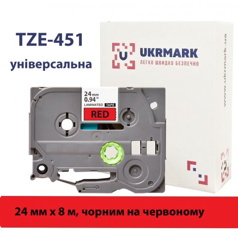 UKRMARK B-T451P, Ламінована, 24мм х 8м, чорним на червоному, сумісна з BROTHER TZe-451, стрічка для принтерів етикеток (TZe451)