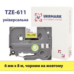 UKRMARK B-T611P, Ламінована, 6мм х 8м, чорним на жовтому, сумісна з BROTHER TZe-611, стрічка для принтерів етикеток (TZe611)