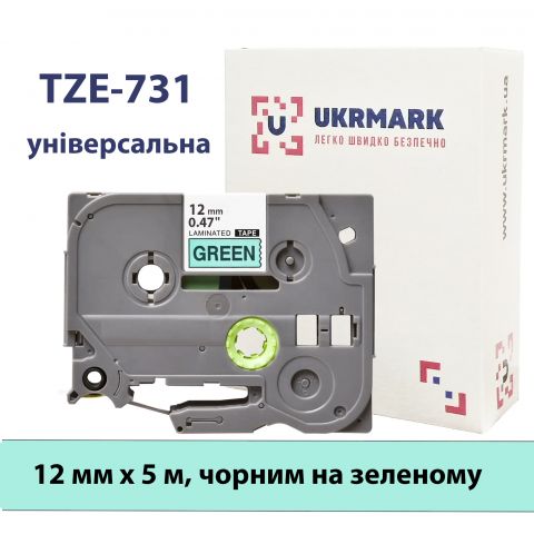 UKRMARK B-T731P, Ламинированная, 12мм х 8м, черным на зеленом, совместима с BROTHER TZe-731, лента для принтеров этикеток (TZe731)