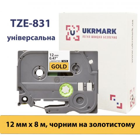 UKRMARK B-T831P, Ламинированная, 12мм х 8м, черным на золотистом, совместима с BROTHER TZe-831, лента для принтеров этикеток (TZe831)