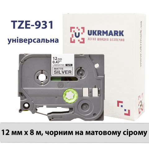 UKRMARK B-TM931P, Ламинированная, 12мм х 8м, черным на матовом серебристом, совместима с BROTHER TZe-M931, лента для принтеров этикеток (TZeM931)