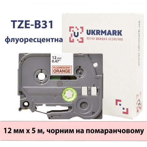 UKRMARK B-Fc-TB31P, Флуоресцентная, 12мм х 5м, черным на оранжевом, совместима с BROTHER TZe-B31. Лента для принтеров этикеток (TZeB31)