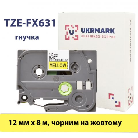 UKRMARK B-Fx-T631P, Гибкая, 12мм х 8м, черным на желтом, совместима с BROTHER TZe-FX631. Лента для принтеров этикеток (CBTZF631)
