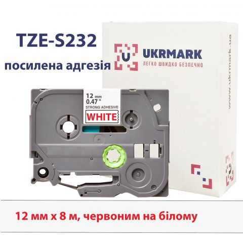 UKRMARK B-S-T232P, Надклейка, 12мм х 8м, червоним на білому, сумісна з BROTHER TZe-S232, стрічка з посиленою адгезією (TZeS232)