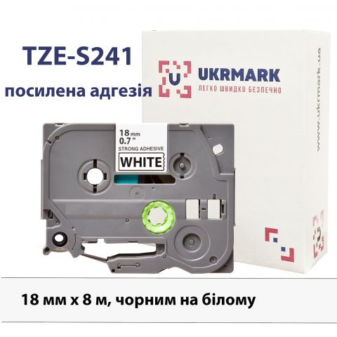 UKRMARK B-S-T241P, Сверхклейкая, 18мм х 8м, черным на белом, совместима с BROTHER TZe-S241, лента с усиленной адгезией (TZeS241)
