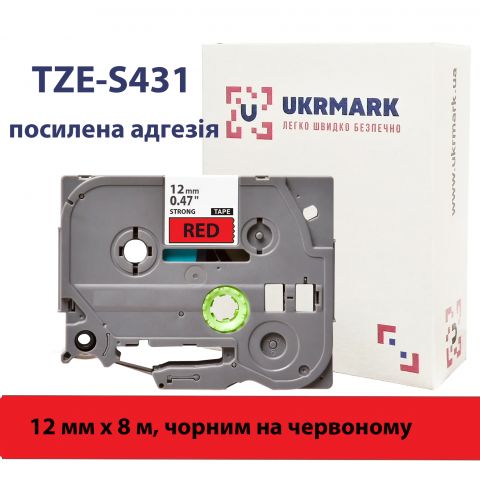 UKRMARK B-S-T431P, Сверхклейкая, 12мм х 8м, черным на красном, совместима с BROTHER TZe-S431, лента с усиленной адгезией (TZeS431)