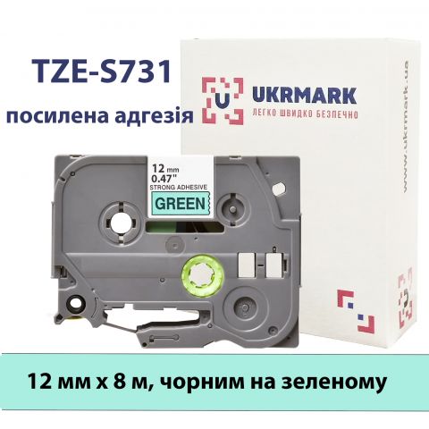 UKRMARK B-S-T731P, Надклейка, 12мм х 8м, чорним на зеленому, сумісна з BROTHER TZe-S731, стрічка з посиленою адгезією (TZeS731)