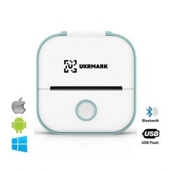 Міні термо принтер UKRMARK P02GN Bluetooth, біло-зелений, рулони 50-57 мм, друк на термопапері та полімерних етикетках
