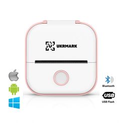 Міні термо принтер UKRMARK P02PK Bluetooth, біло-рожевий, рулони 50-57 мм, друк на термопапері та полімерних етикетках