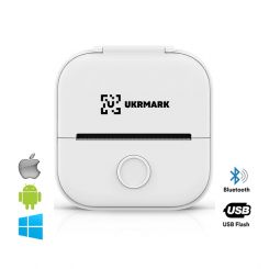 Міні термо принтер UKRMARK P02WT Bluetooth, білий, рулони 50-57 мм, друк на термопапері та полімерних етикетках