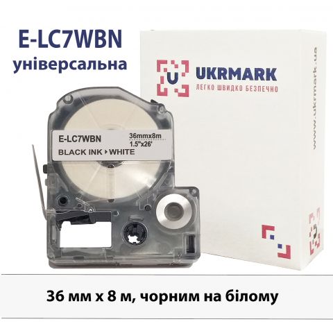 UKRMARK E-LC7WBN, універсальна, 36мм х 8м, чорним на білому, сумісна з Epson LC-7WBN, стрічка для принтерів етикеток