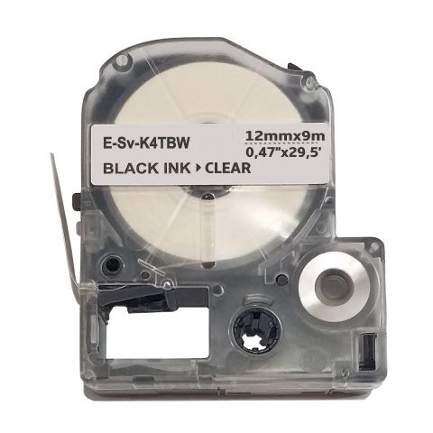 UKRMARK E-Sv-K4TBW, посилений адгезив, 12мм х 9м, чорним на прозорому, сумісна з EPSON LK-4TBW, стрічка для принтерів етикеток