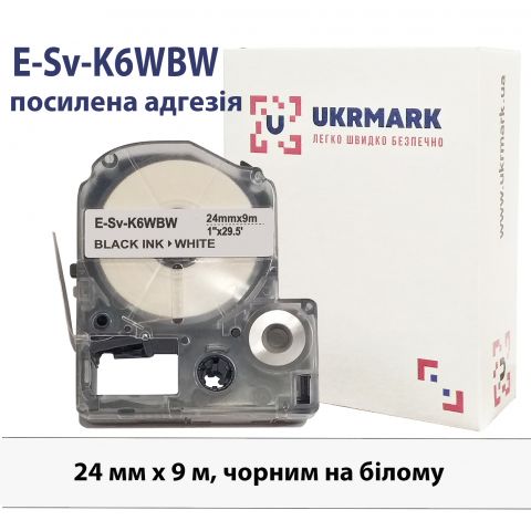 UKRMARK E-Sv-K6WBW, усиленная адгезия, 24мм х 9м, черным на белом, совместима с EPSON LK-6WBW