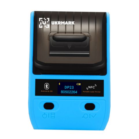 Портативний термопринтер UKRMARK DP23BL, USB/Bluetooth, рулони 15-58 мм, для чеків/етикеток, синій. Друк на термопапері та полімерних етикетках
