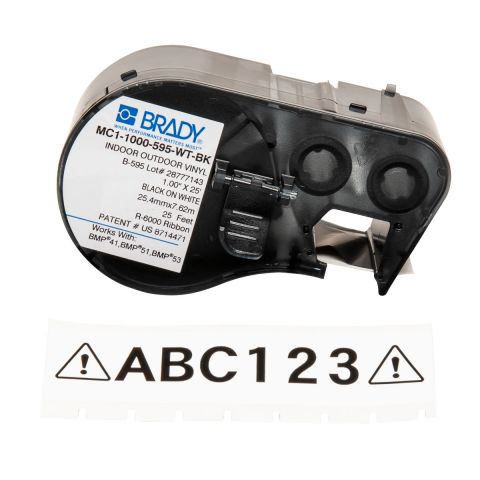 Лента для принтера этикеток BRADY MC1-1000-595-WT-BK. Беспрерывная лента: 25,40 мм х 7,62 м. Цвет: черный на белом