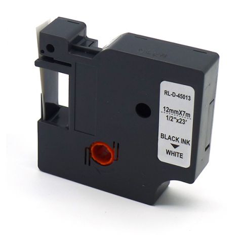 Лента для принтера этикеток RL-D-45013P-BK/WT, совместима с DYMO S0720530, для принтеров DYMO серии D1. Размер ленты: 12мм х 7м. Шрифт: черный, Лента: белая