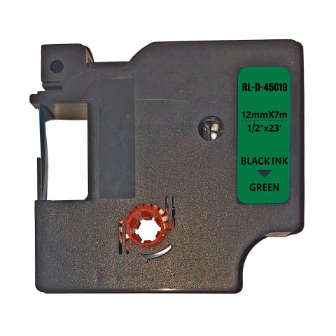 Лента для принтера этикеток RL-D-45019P-BK/GR, совместима с DYMO S0720590, для принтеров DYMO серии D1. Размер ленты: 12мм х 7м. Шрифт: черный, Лента: зеленая 