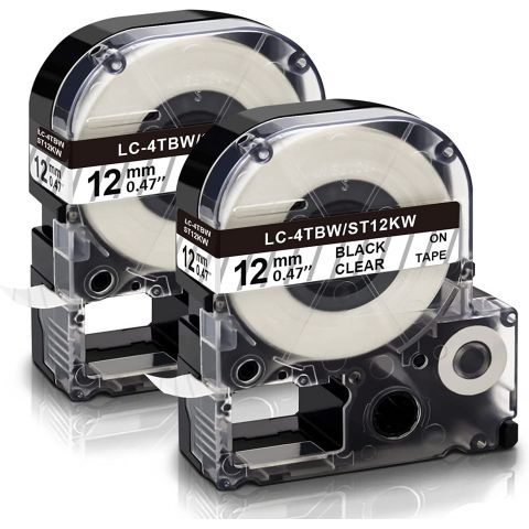 Лента для принтера этикеток Ukrmark E-C4TBW-BK/CL совместима с Epson LC-4TBW. Размеры ленты: 12 мм х 8 м. Усиленная адгезия, Цвет: черный на прозрачном (CELC4TBW)