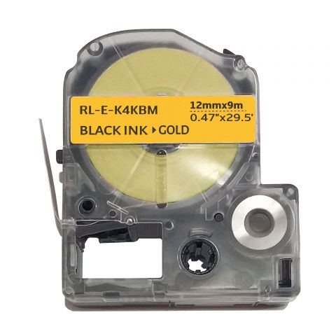 Лента для принтера этикеток RL-E-K4KBM-BK/GO, совместима с Epson LK-4KBM. Размеры ленты: 12 мм х 9 м. Цвет: черный на золотистом (LK4KBM)